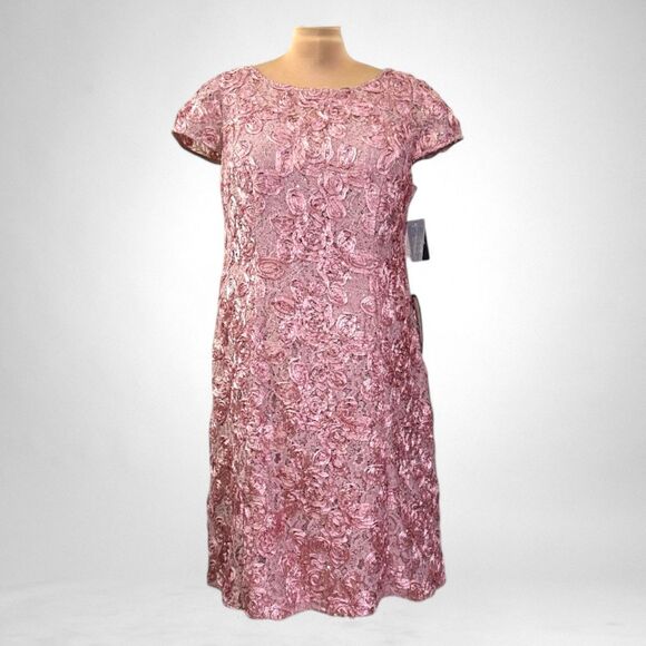 ALEX EVENINGS Plus Size Pink Short Rosette Lace Dress, NWT! Size 20W - Picture 1 of 10